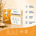 AlgoSource Magnésium Articulations ampoules avec infographie des bénéfices : confort articulaire, soutien musculaire, mobilité et récupération