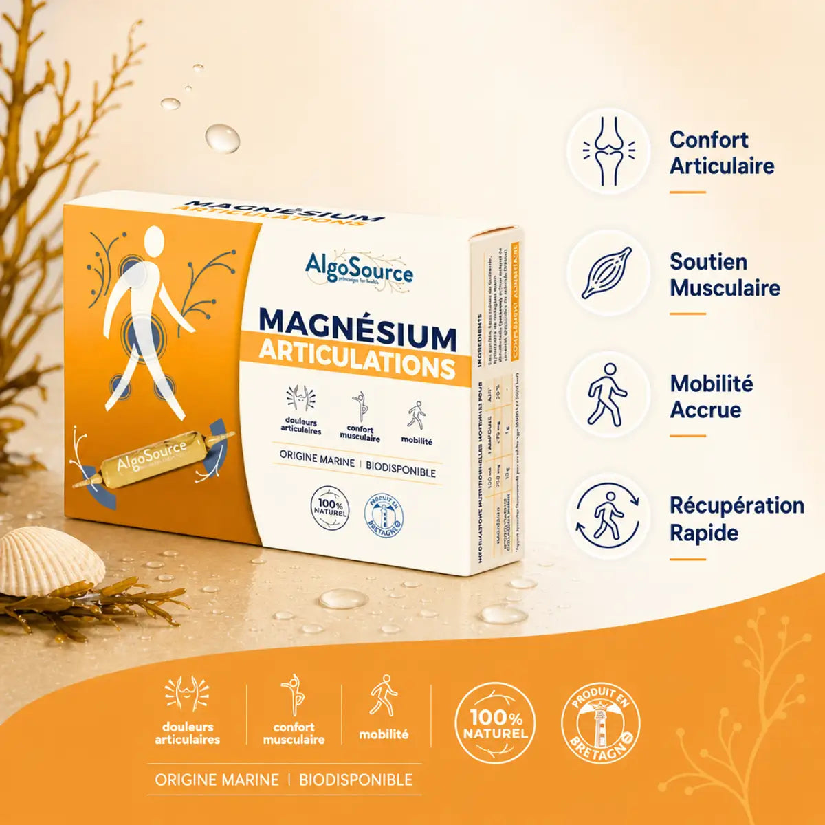AlgoSource Magnésium Articulations ampoules avec infographie des bénéfices : confort articulaire, soutien musculaire, mobilité et récupération