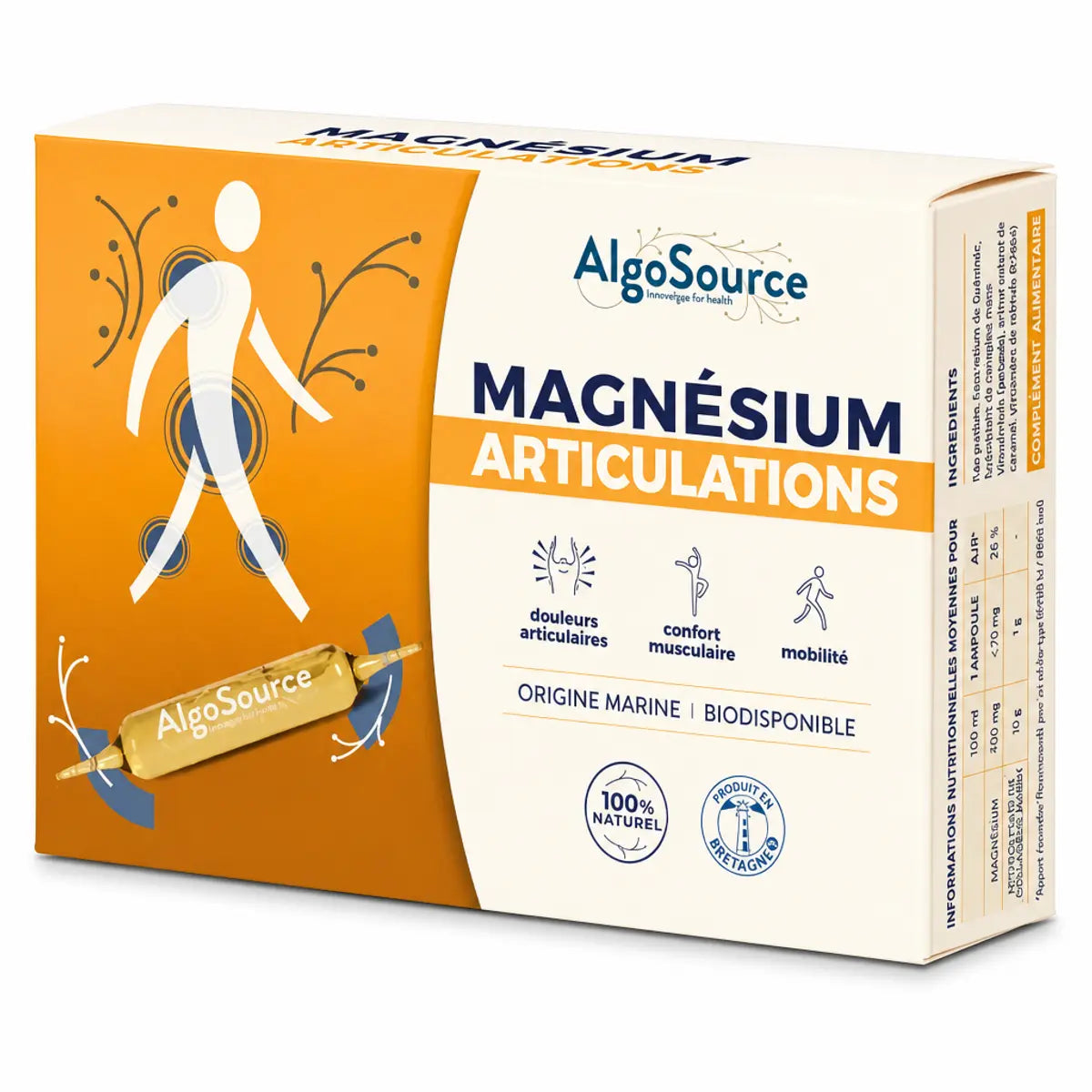 Boîte AlgoSource Magnésium Articulations sur fond blanc, complément alimentaire pour mobilité articulaire