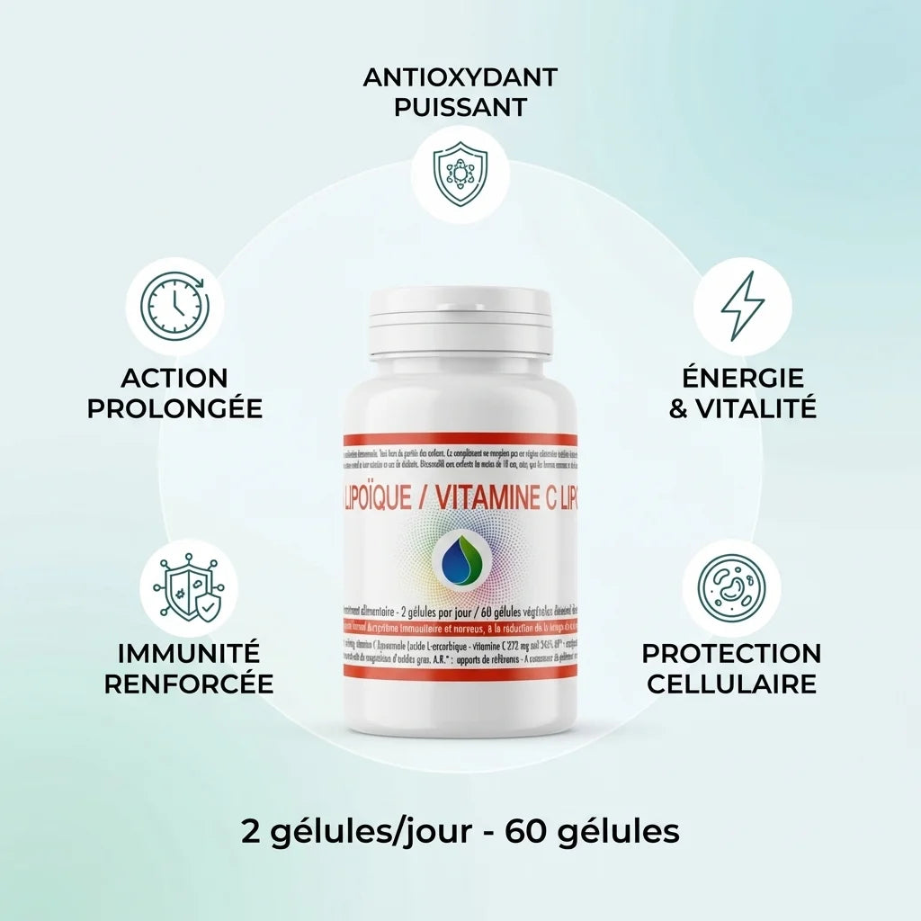 Flacon Alpha R Lipoïque Vitamine C Liposomale avec icônes bénéfices antioxydant immunité 60 gélules