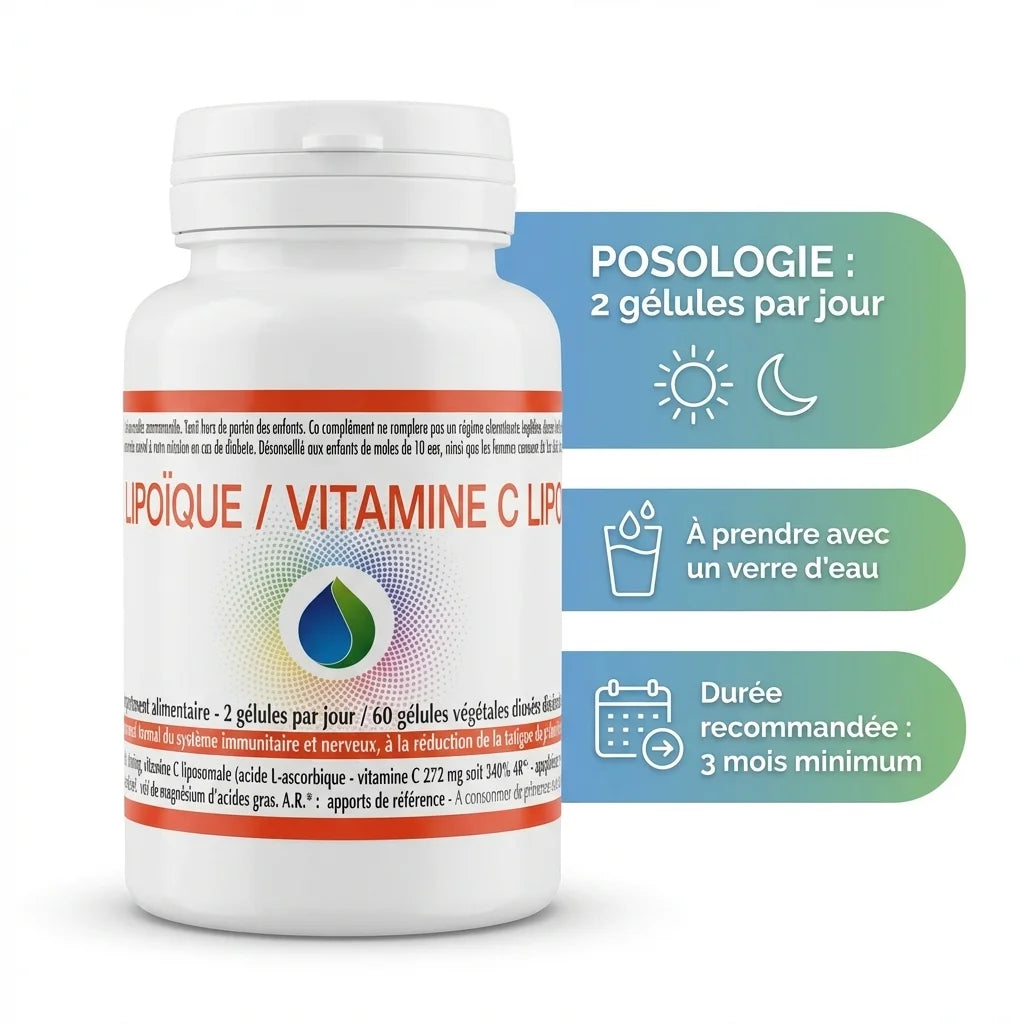 Flacon Alpha R Lipoïque Vitamine C Liposomale 60 gélules avec posologie 2 gélules par jour