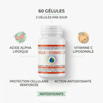 Bouteille Alpha R Lipoïque Vitamine C Liposomale 60 gélules avec infographies ingrédients antioxydants