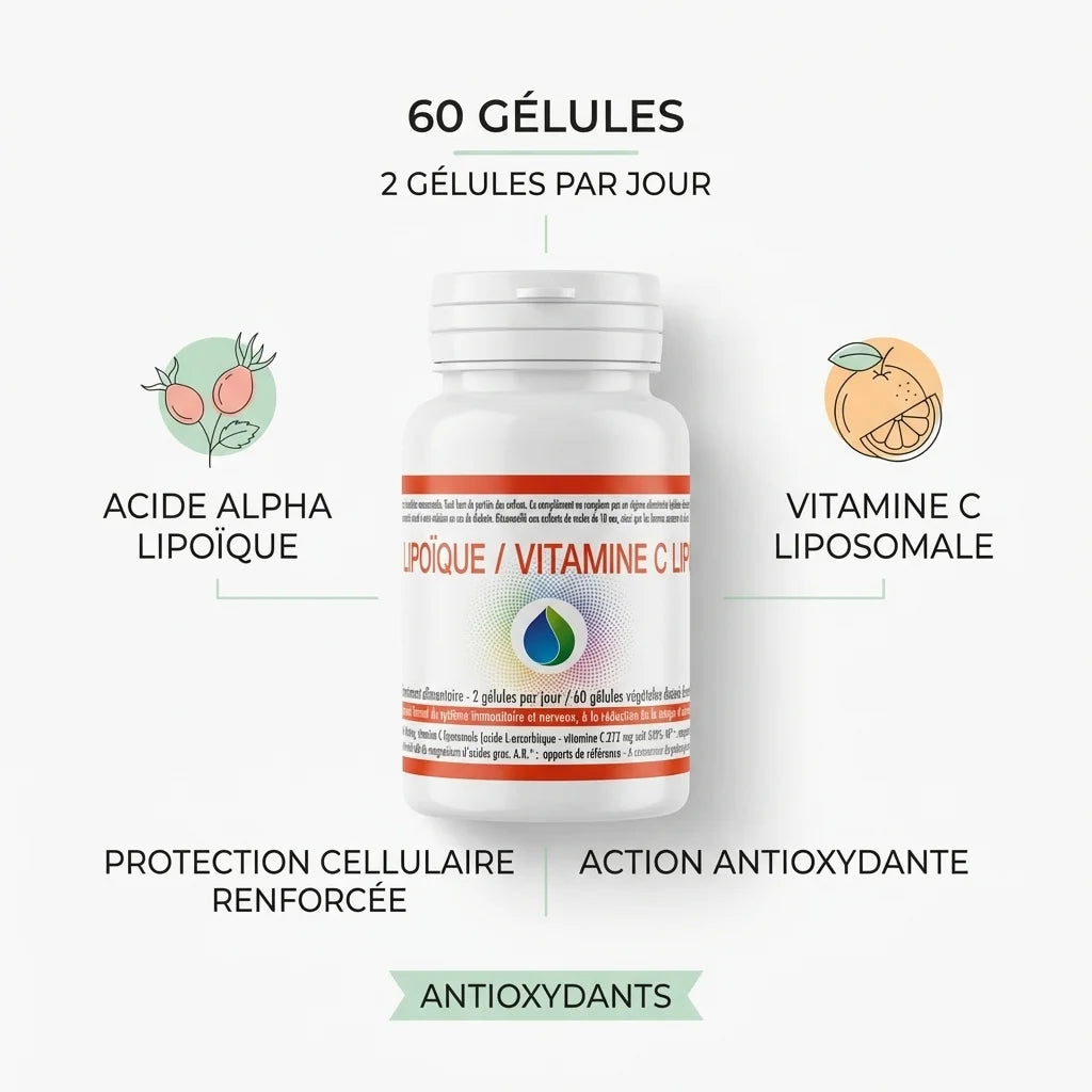 Bouteille Alpha R Lipoïque Vitamine C Liposomale 60 gélules avec infographies ingrédients antioxydants