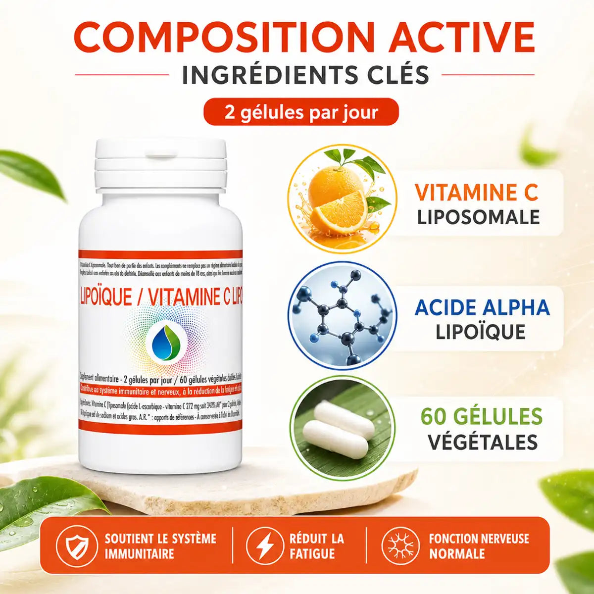 Alpha R Lipoïque Vitamine C Liposomale 60 gélules - Flacon blanc Jade Recherche fond blanc