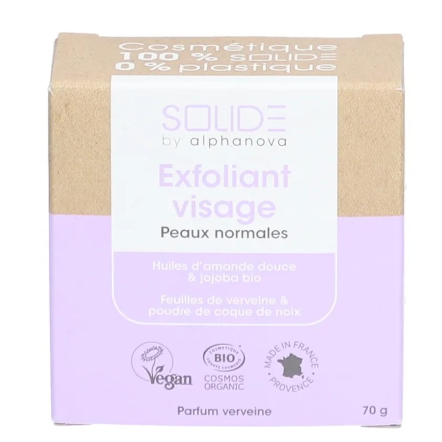 Un exfoliant visage solide pour peaux normales de la marque Alphanova vue de face
