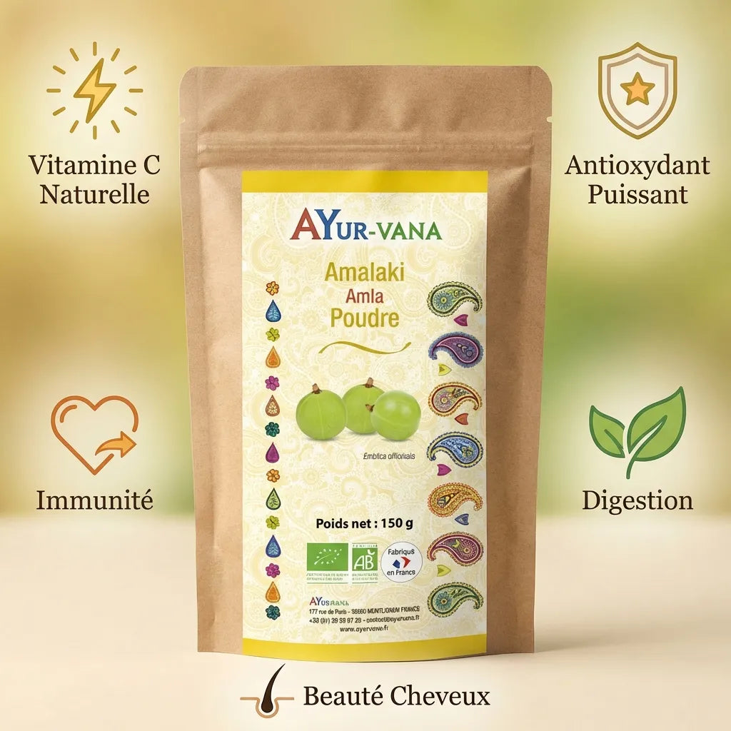 Amalaki Bio 150g AyurVana avec bénéfices : vitamine C, antioxydant, immunité, digestion, beauté