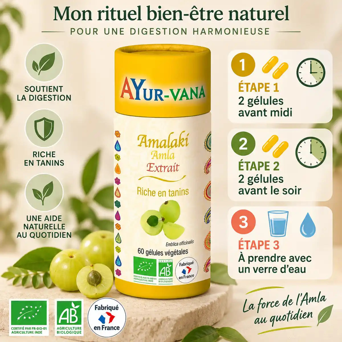 Amalaki Bio Ayur-Vana régule transit intestinal - Posologie 2 gélules matin et soir avec eau