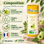 Amalaki Bio Ayur-Vana - Flacon avec composition ingrédients et certifications pour régulation transit intestinal