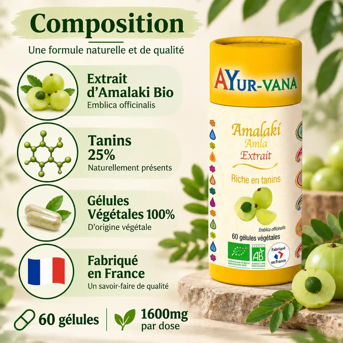 Amalaki Bio Ayur-Vana - Flacon avec composition ingrédients et certifications pour régulation transit intestinal