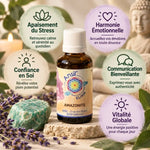 Flacon Amazonite élixir cristal 30ml Ansil avec bénéfices wellness : stress, harmonie émotionnelle, confiance