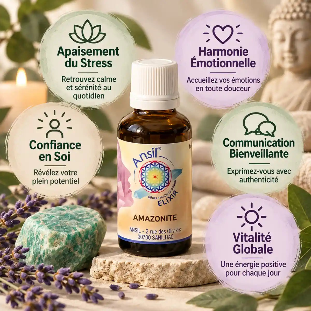 Flacon Amazonite élixir cristal 30ml Ansil avec bénéfices wellness : stress, harmonie émotionnelle, confiance