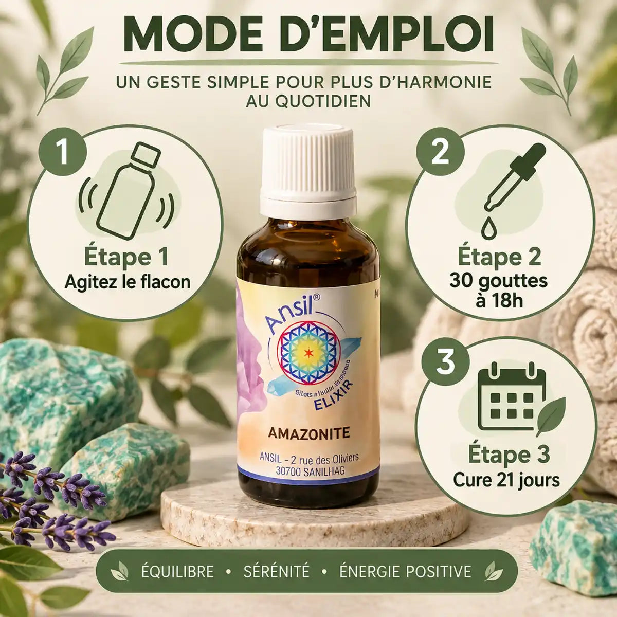 Amazonite élixir cristal 30ml Ansil - Mode d'emploi avec instructions d'utilisation en 3 étapes