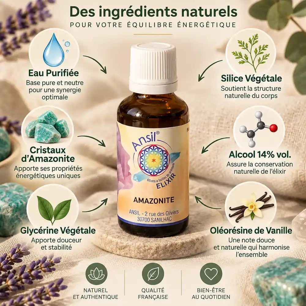 Amazonite élixir cristal 30ml Ansil avec cristaux, lavande et ingrédients naturels en flat lay