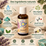 Amazonite élixir cristal 30ml Ansil avec cristaux, lavande et ingrédients naturels en flat lay