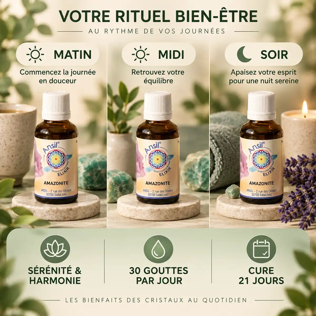 Élixir de cristal Amazonite 30ml Ansil - Ritual matin, midi, soir pour sérénité et harmonie
