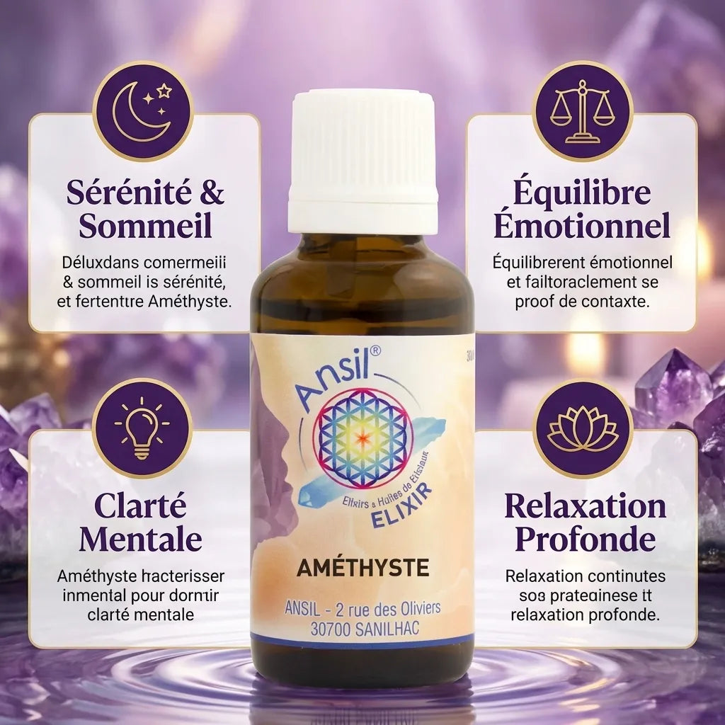 Élixir de cristal Améthyste 30ml Ansil avec infographies de bénéfices : sérénité, sommeil, équilibre émotionnel