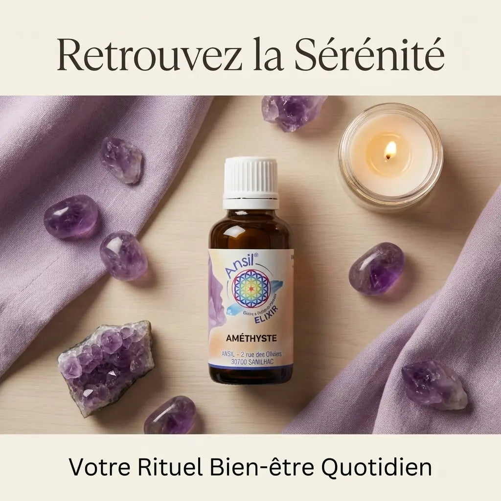 Élixir de cristal Améthyste 30ml Ansil avec améthystes et bougies, atmosphère sérénité bien-être