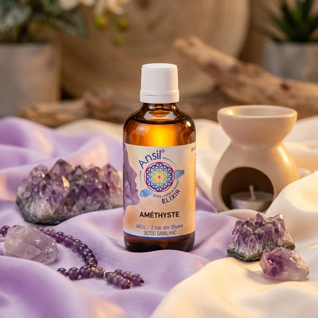 Flacon Ansil Améthyste élixir cristal 30ml entouré d'améthystes et textiles lavande