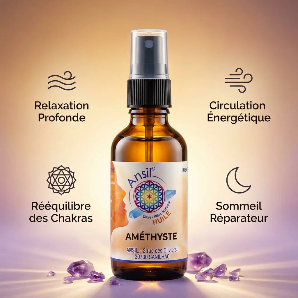 Huile de cristal Améthyste Ansil 50ml avec bénéfices wellness et cristaux améthyste