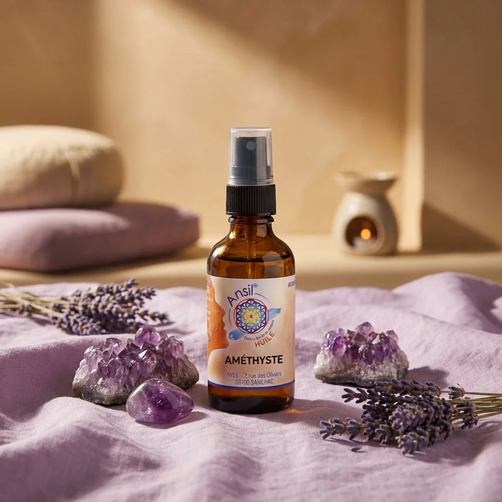 Huile de cristal Améthyste Ansil 50ml en flacon ambré sur tissu lavande avec cristaux