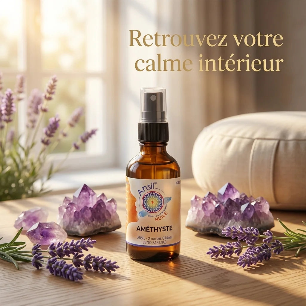 Huile de cristal Améthyste Ansil 50ml entourée de cristaux et lavande en ambiance méditative