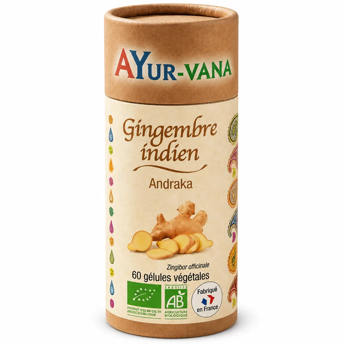 Bouteille Andraka Bio gingembre indien 60 gélules Ayur-Vana, complément ayurvédique bio