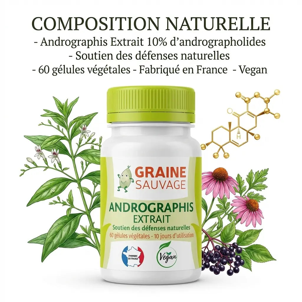Andrographis extrait 60 gélules Graine Sauvage avec plante et structure moléculaire andrographolides