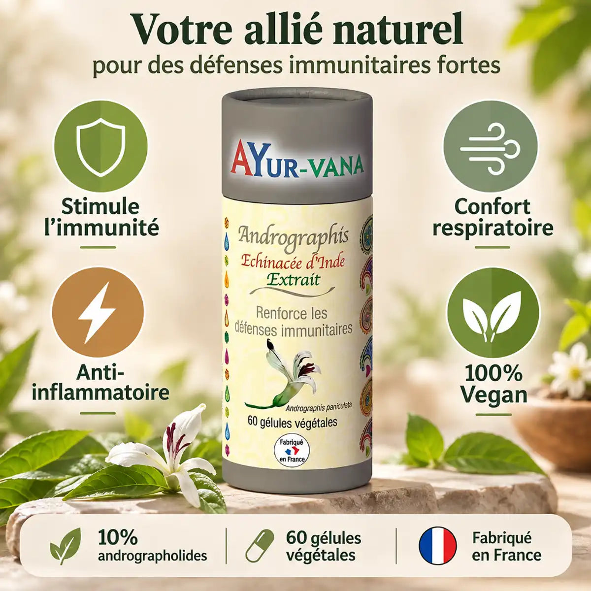 Andrographis Ayur-Vana complément immunité avec bénéfices: stimule l'immunité, confort respiratoire, anti-inflammatoire, 100% vegan