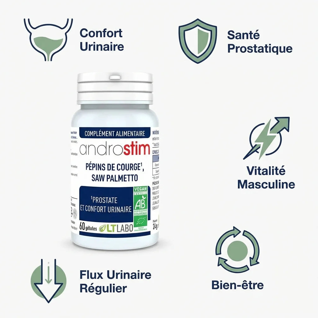 Androstim Bio 60 gélules LT Labo - Flacon avec icônes santé prostatique et confort urinaire
