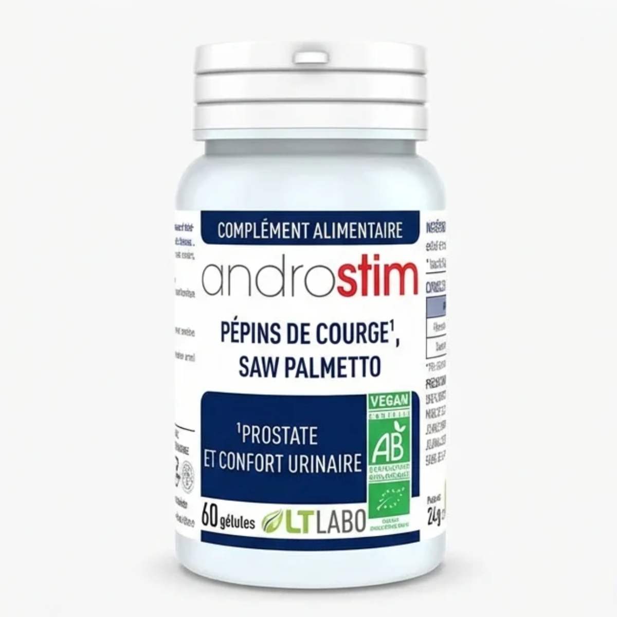 Une boite de complément alimentaire bio androstim bio de LT labo : combinaison de pépins de courge et de saw palmetto pour la prostate et le confort urinaire