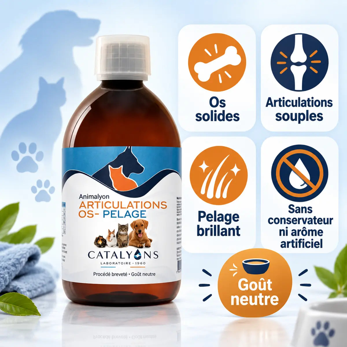 Flacon Animalyon Articulations Os & Pelage 500 ml, os solides, articulations souples, pelage brillant pour chiens et chats