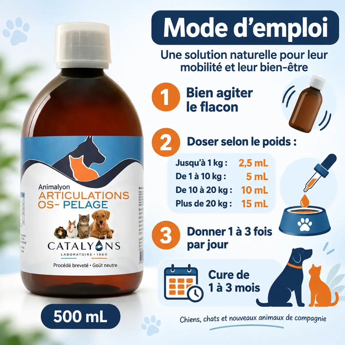 Flacon Animalyon Articulations, Os & Pelage 500 ml avec mode d'emploi : dosage selon le poids et cure de 1 à 3 mois pour chiens et chats