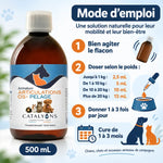 Flacon Animalyon Articulations, Os & Pelage 500 ml avec mode d'emploi : dosage selon le poids et cure de 1 à 3 mois pour chiens et chats