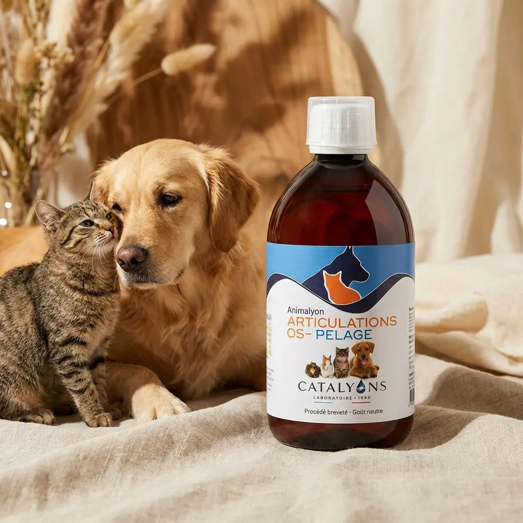 Animalyon Articulations Os Pelage 500ml avec chien et chat, complément bien-être articulaire animaux
