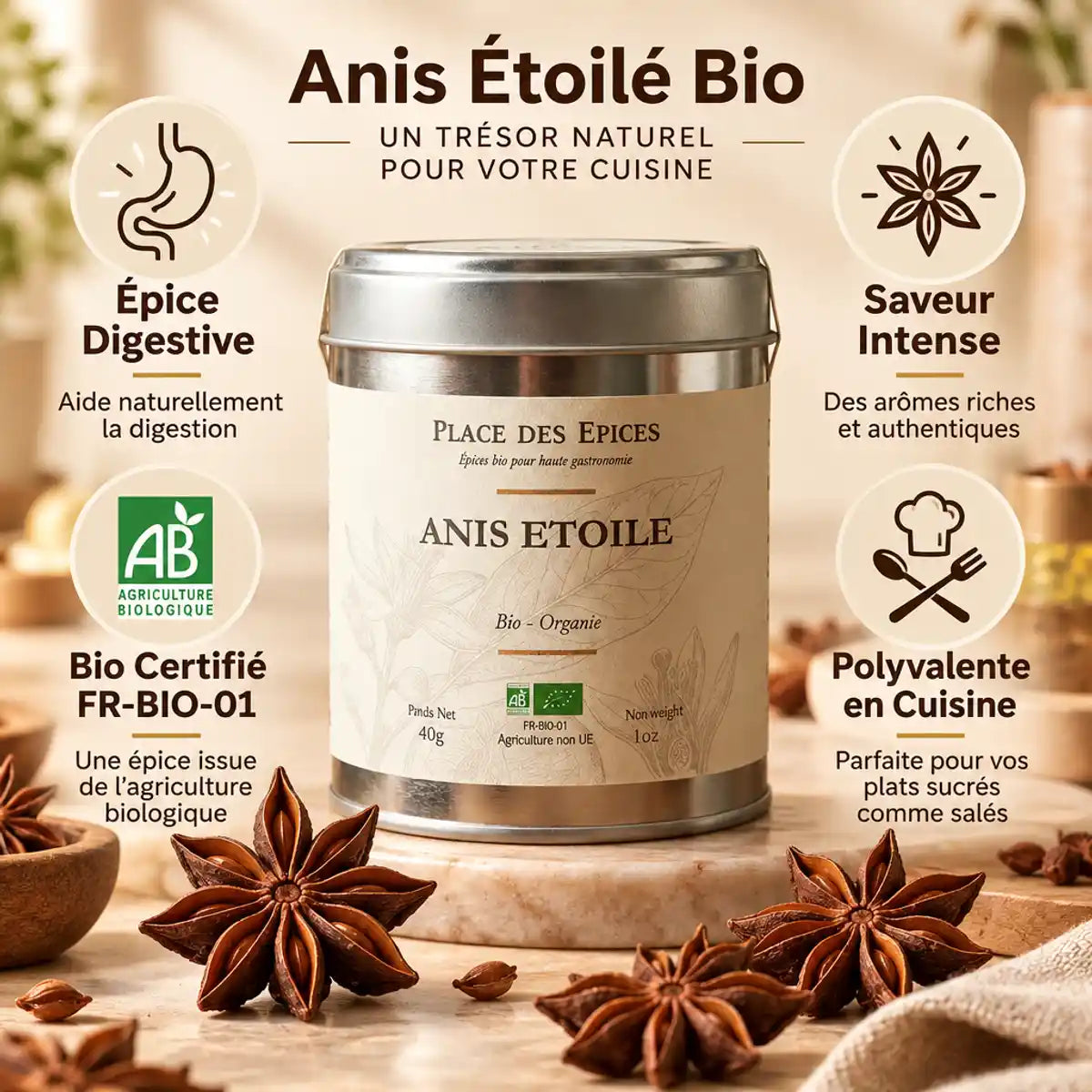Anis étoilé bio 40g Place des épices avec bénéfices digestifs et saveur intense