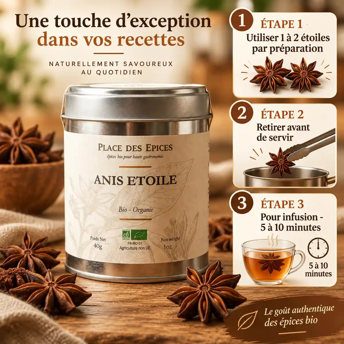 Anis étoilé bio 40g Place des épices avec guide d'utilisation et étoiles entières sur bois