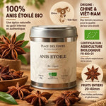Anis étoilé bio 40g Place des épices en boîte métallique avec fruits entiers éparpillés sur bois
