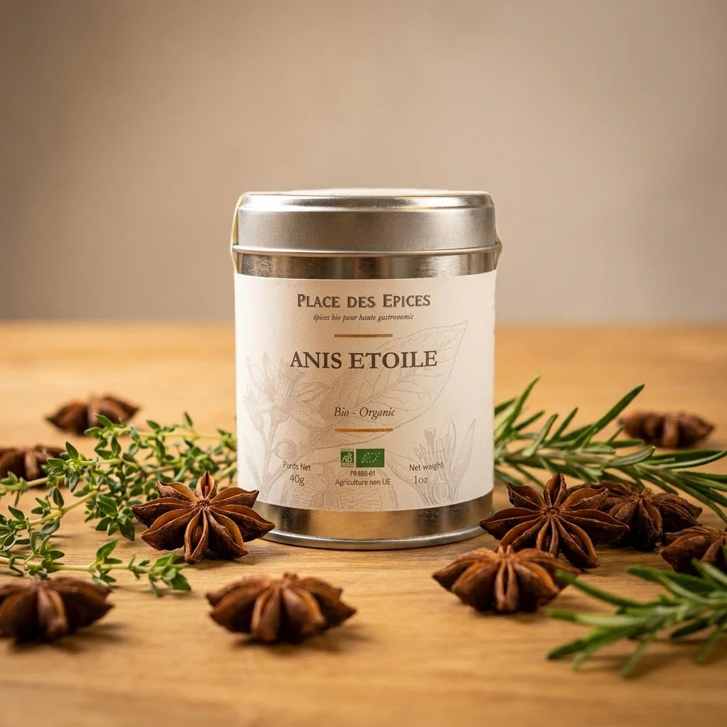 Anis étoilé bio 40g Place des épices dans boîte en fer sur surface en bois