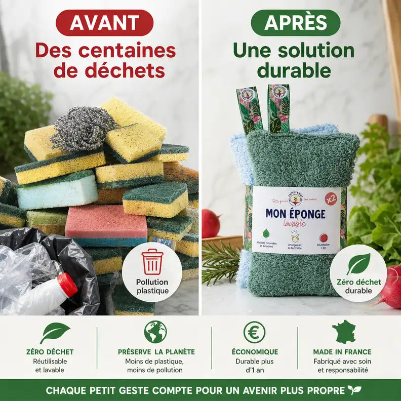 Éponges lavables écologiques Anotherway : comparaison avant/après des déchets plastiques versus solution durable Made in France