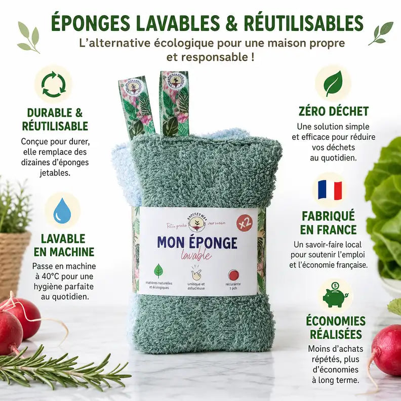 Éponges lavables écologiques Anotherway lot de 2, réutilisables zéro déchet fabriquées en France