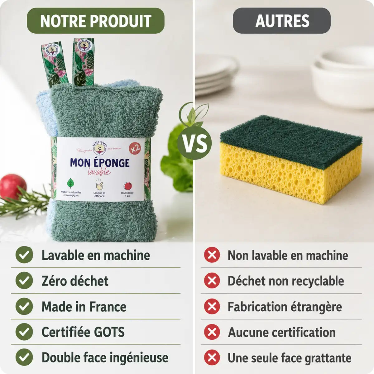 Éponges lavables écologiques Anotherway : comparaison produit vs alternatives jetables, certifiées GOTS