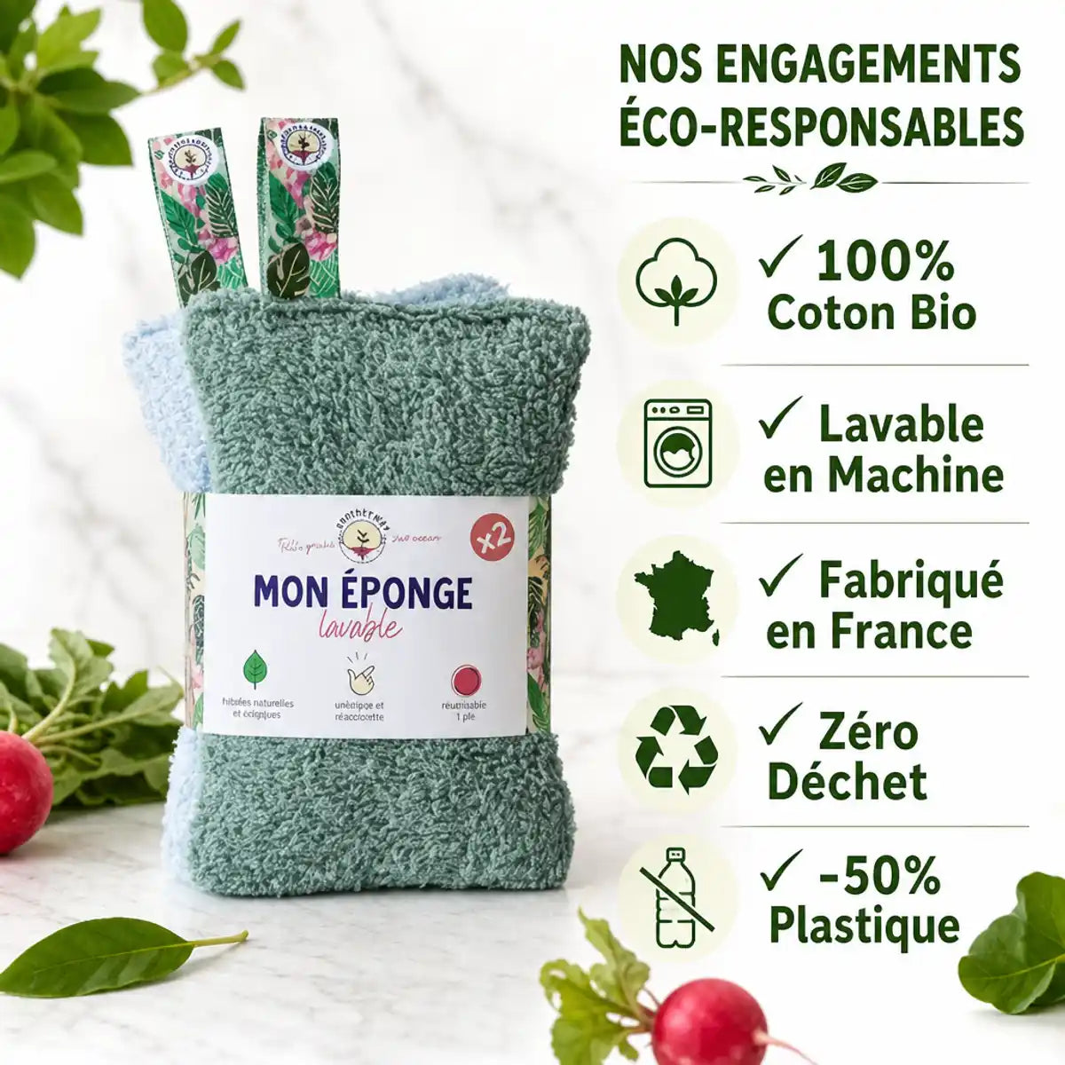 Éponges lavables écologiques Anotherway lot de 2 - coton bio, fabriqué en France, zéro déchet