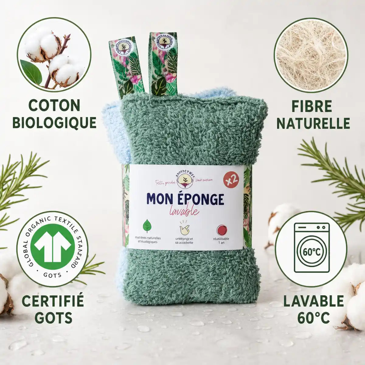 Éponges lavables écologiques Anotherway lot de 2 avec coton bio certifié GOTS
