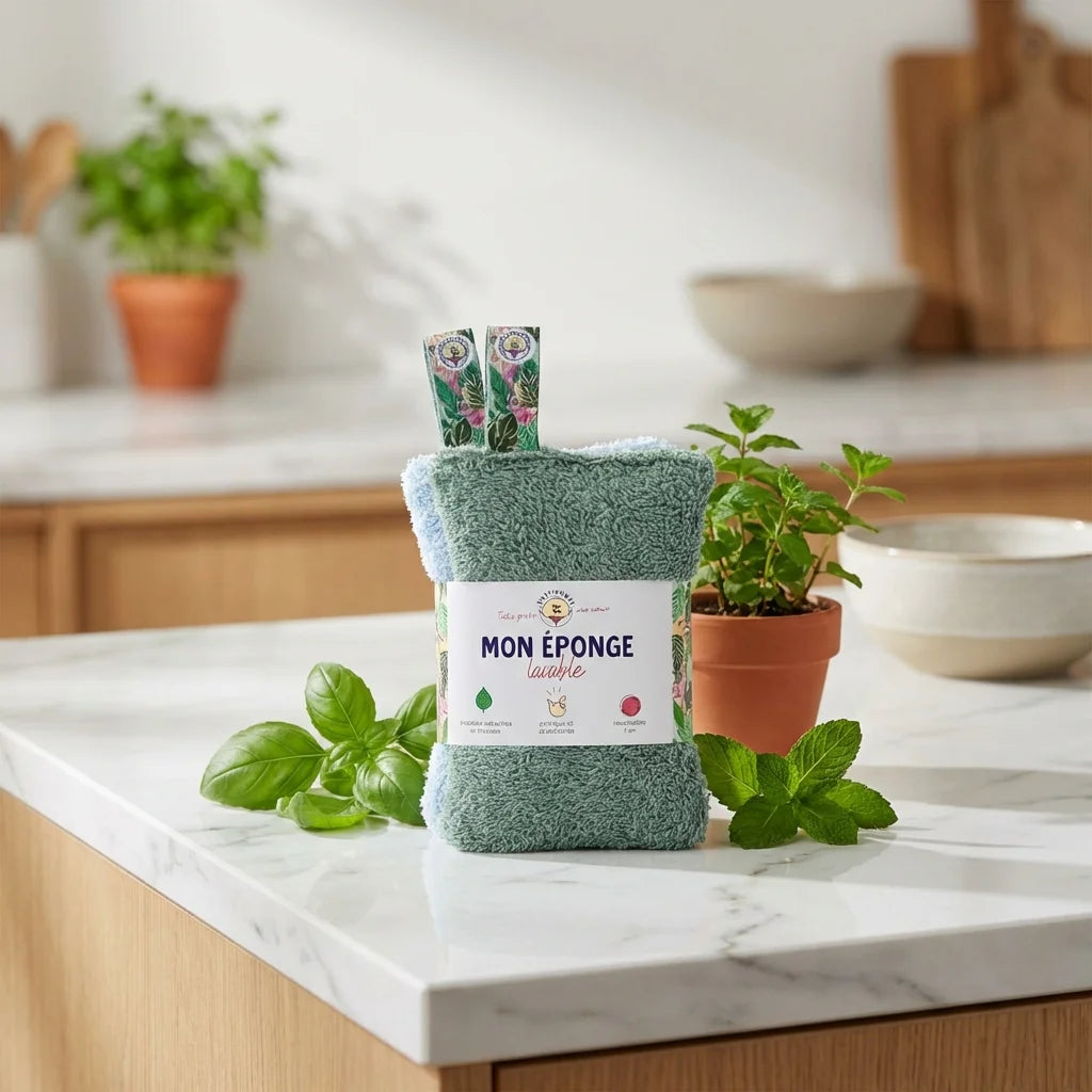 Éponges lavables écologiques Anotherway vertes et bleues sur plan de travail cuisine blanc