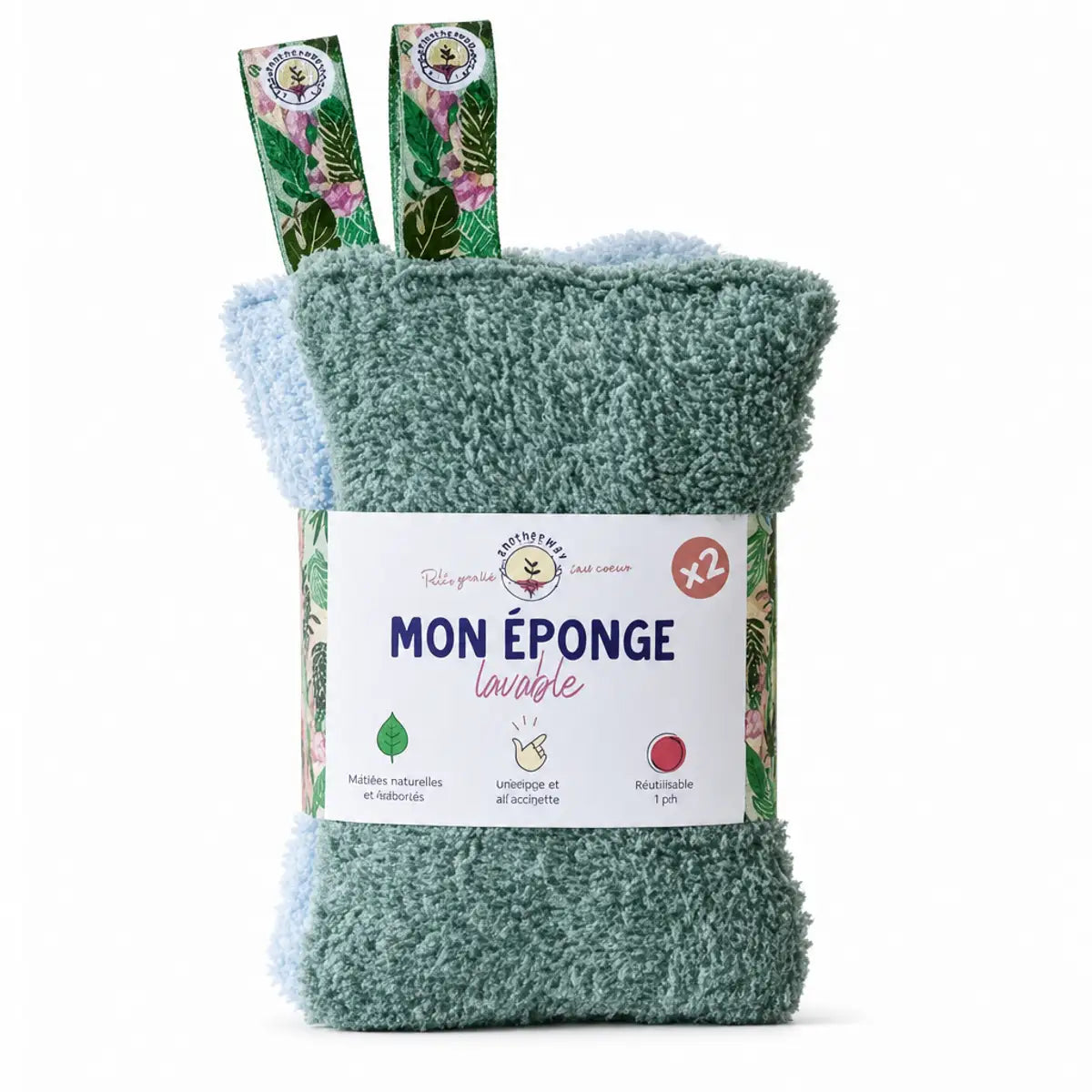 Lot de 2 éponges lavables écologiques Anotherway coton vert et bleu