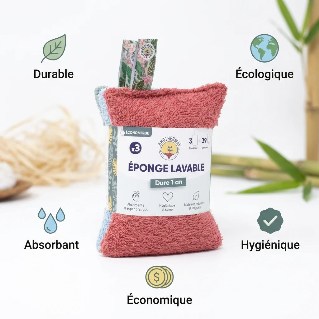 Éponges lavables écologiques Anotherway lot de 3 avec avantages durables, absorbantes et économiques
