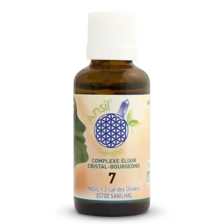 ANSIL Complexe n°7 flacon en verre ambré avec pipette, étiquette beige et symbole fleur de vie