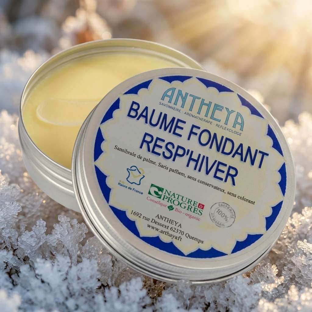 Antheya Baume Resp'hiver 75g en boîte argent sur fond hivernal avec cristaux de givre
