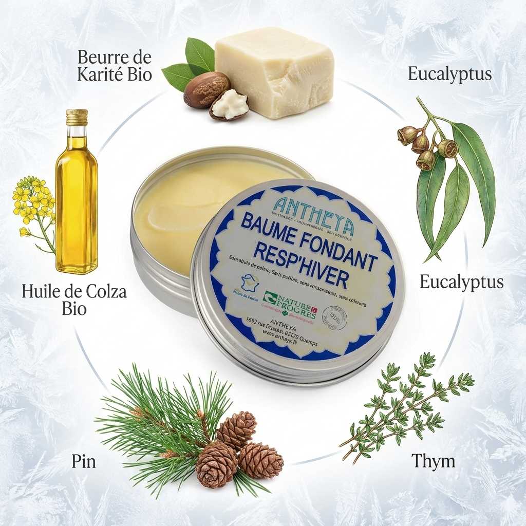Antheya Baume Resp'hiver 75g avec ingrédients bio : beurre de karité, huile de colza, eucalyptus, pin et thym