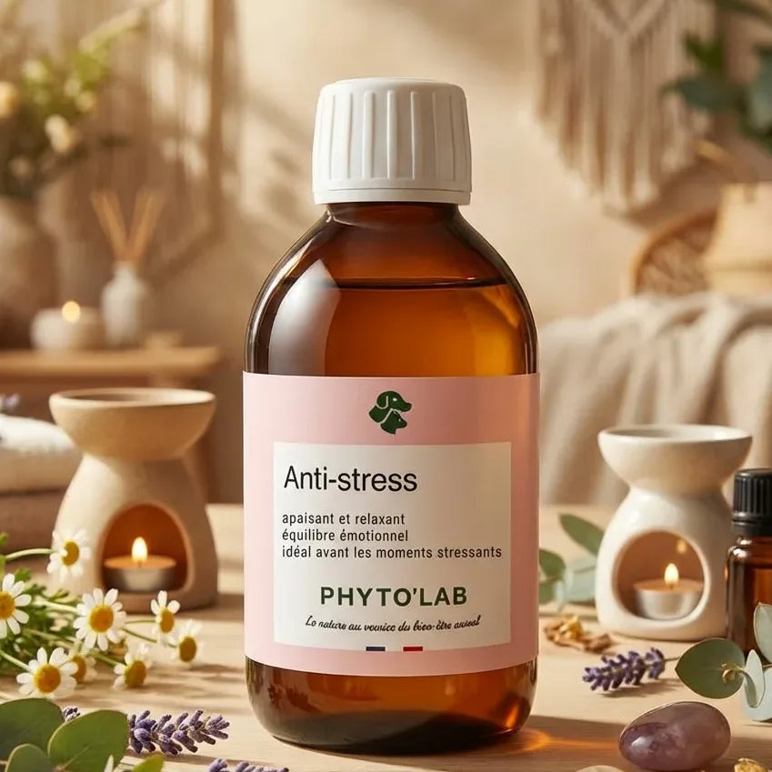 Phyto'Lab Anti-Stress 250ml flacon ambre avec étiquette rose sur fond wellness apaisant